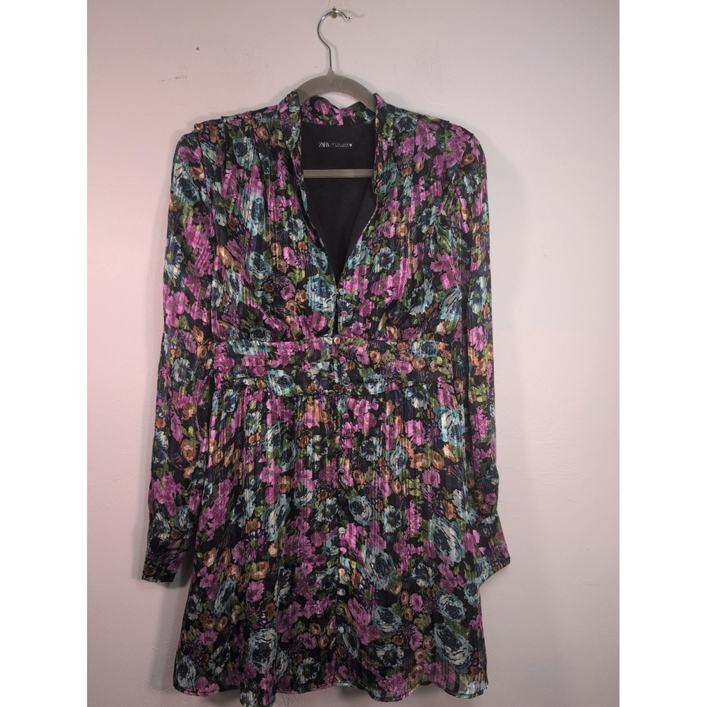 ZARA Floral Mini Dress with Metallic Thread S Multicolor Chiffon Glitter Ruched